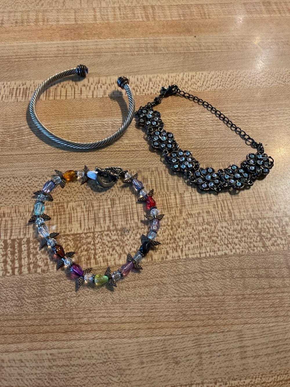 Set of 3 Bracelets - Silver Cuff, Black with Rhinestones and Multicolor Beaded